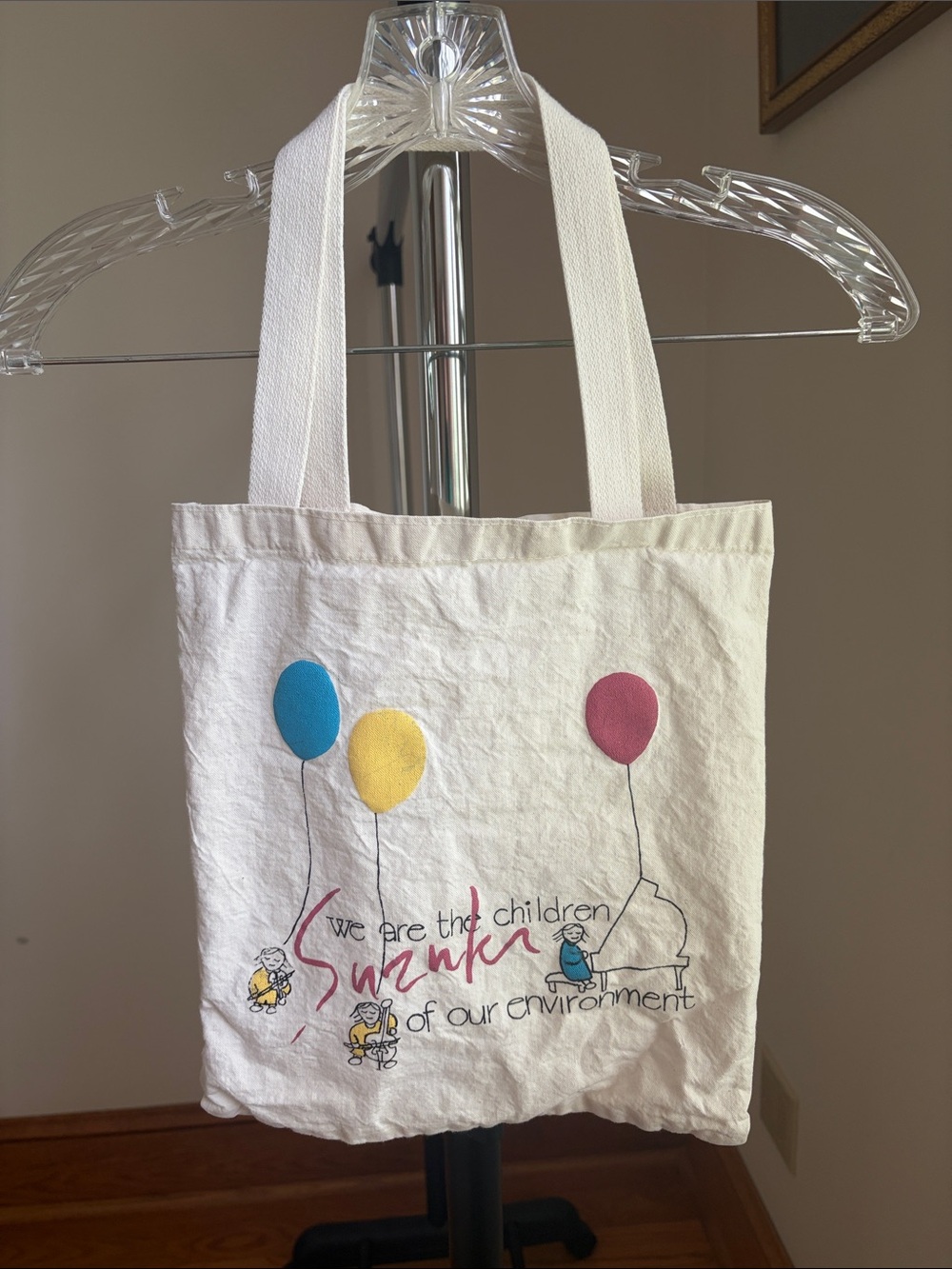 White Canvas Tote with Colorful Balloon Print & Suzuki logo